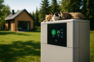 Husfasad med installerad utomhusdel för luftvärmepump, omgiven av grönska.