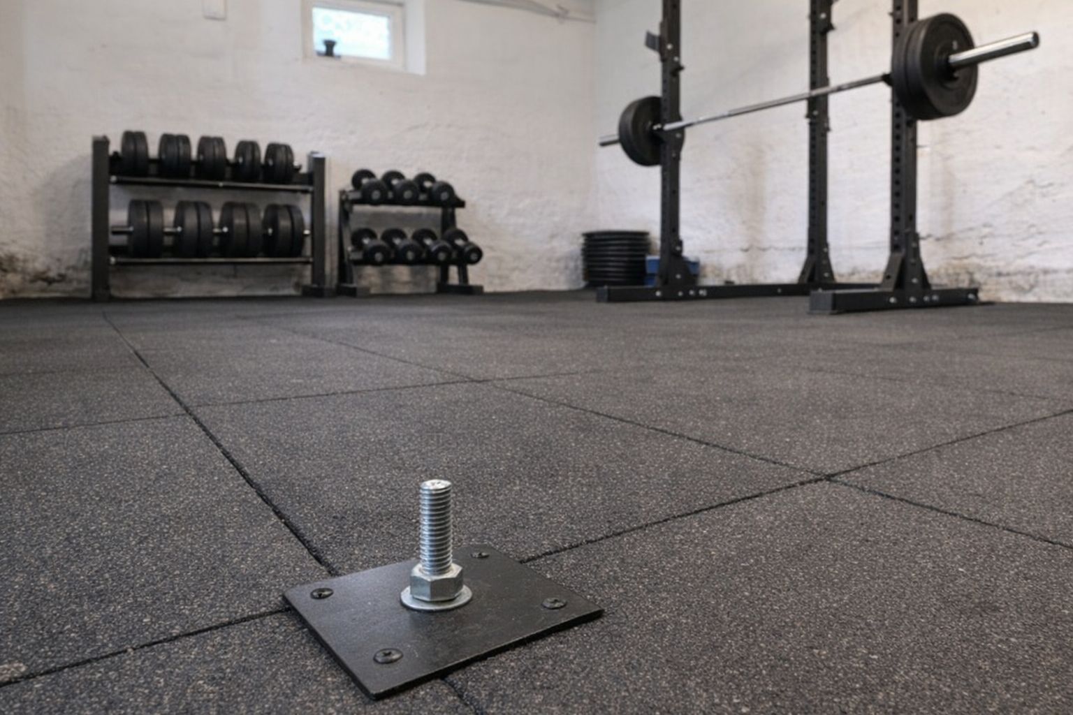 Golvinfästning i hemmagym med hantlar och skivstångsställning i bakgrunden.